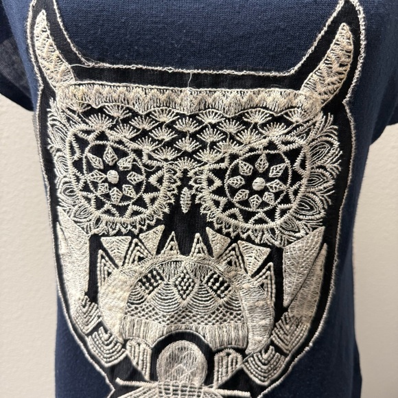 May Blue Navy Owl Graphic Lace Back Boho Top Short Sleeve Casual Tee Shirt - Picture 3 of 9